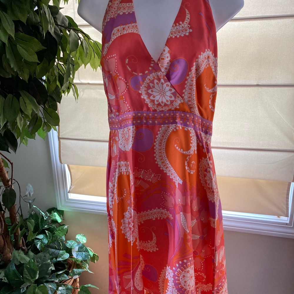 TIBI SZ 8 silk halter backless dress coral orange lilac